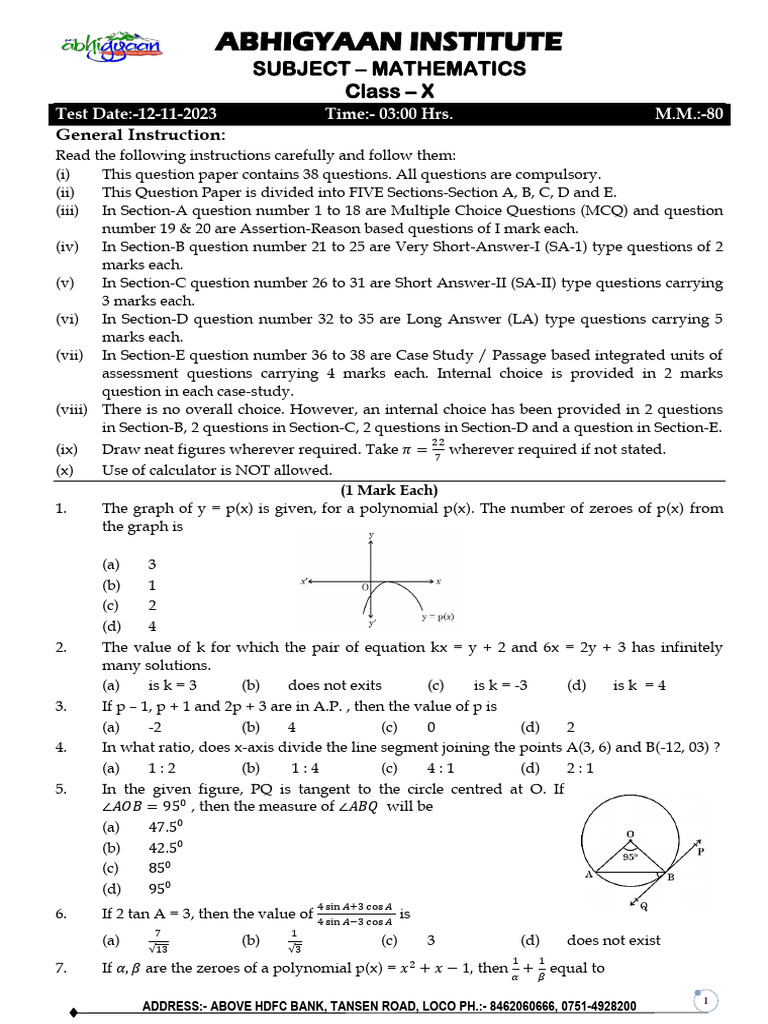 Class 10 Mathematics Test Paper | PDF | Circle | Area
