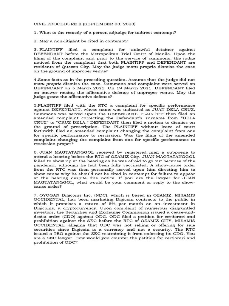 Civil Procedure II Quiz PDF Complaint U.S. Securities And Exchange Commission