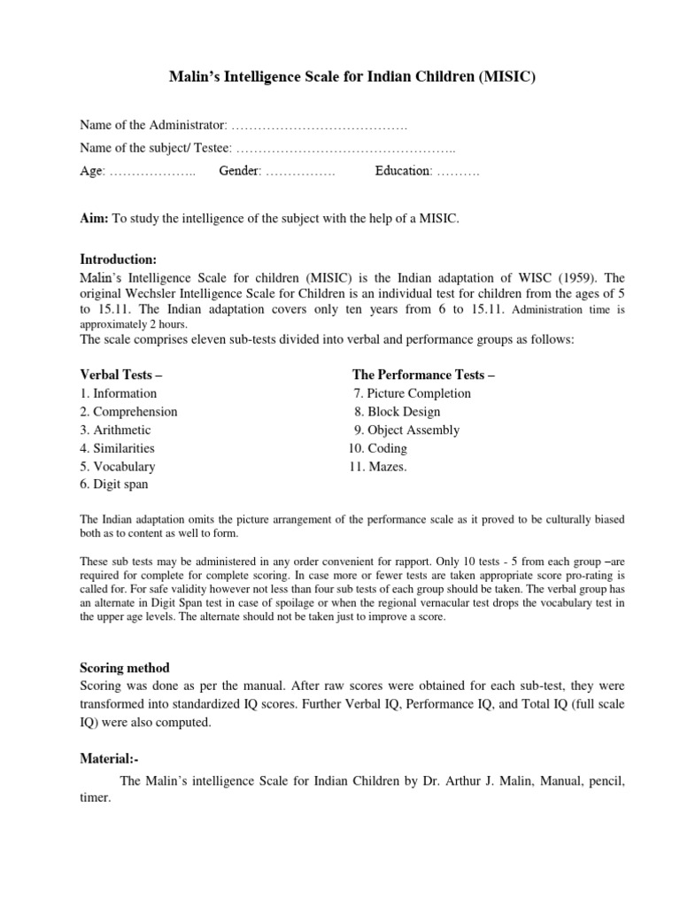 MISIC | PDF | Wechsler Adult Intelligence Scale | Intelligence Quotient