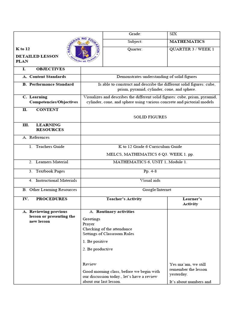 Grade 6 Lesson Plan: Solid Figures | PDF | Shape | Rectangle