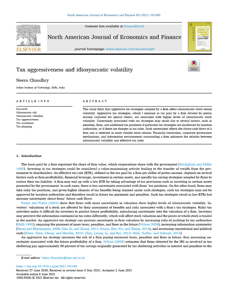 Tax Aggressiveness and Stock Volatility | PDF | Taxes | Volatility ...