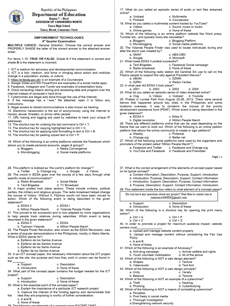 Empowerment Technologies Exam Guide | PDF | Educational Technology ...