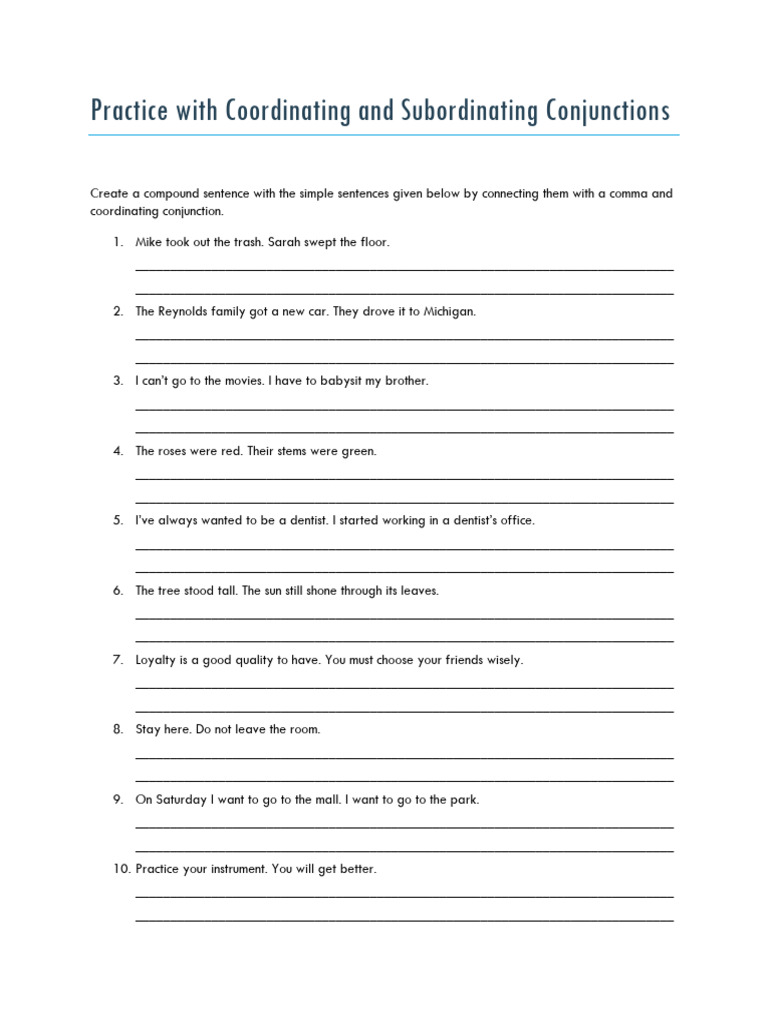 Practice With Coordinating and Subordinating Conjunctions | PDF ...