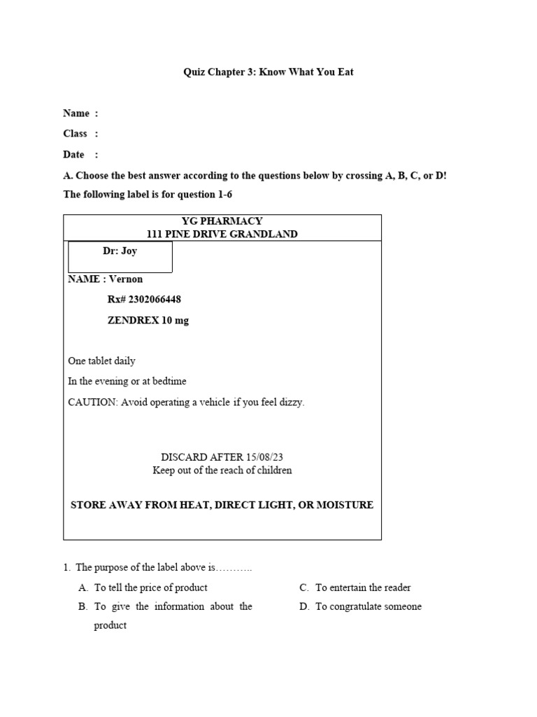 Understanding Medication Labels Quiz | PDF | Carbohydrates | Cola