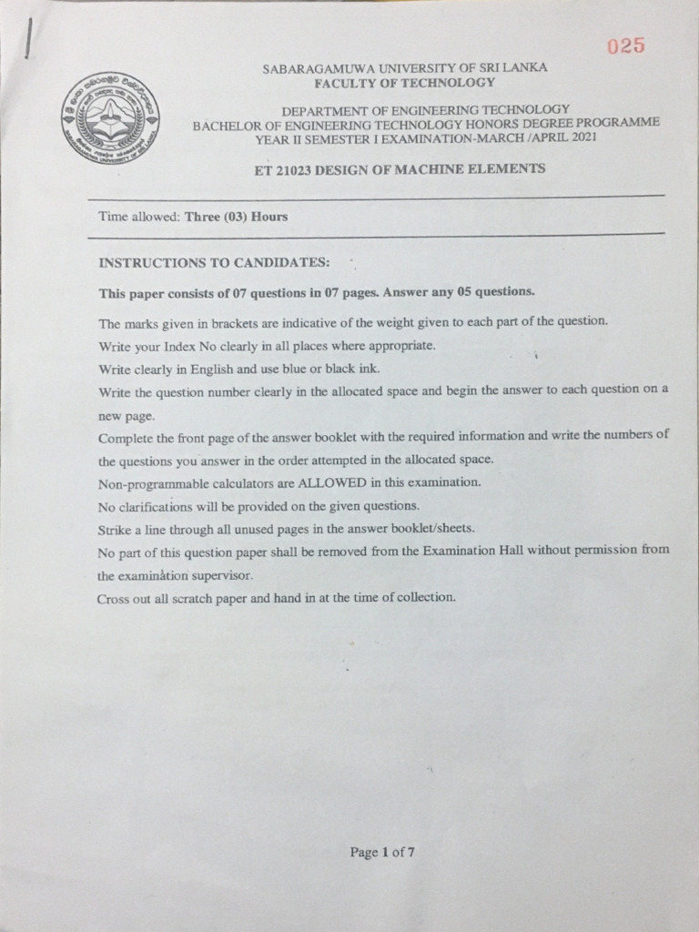 Design Of Machine Element Exam Paper Pdf