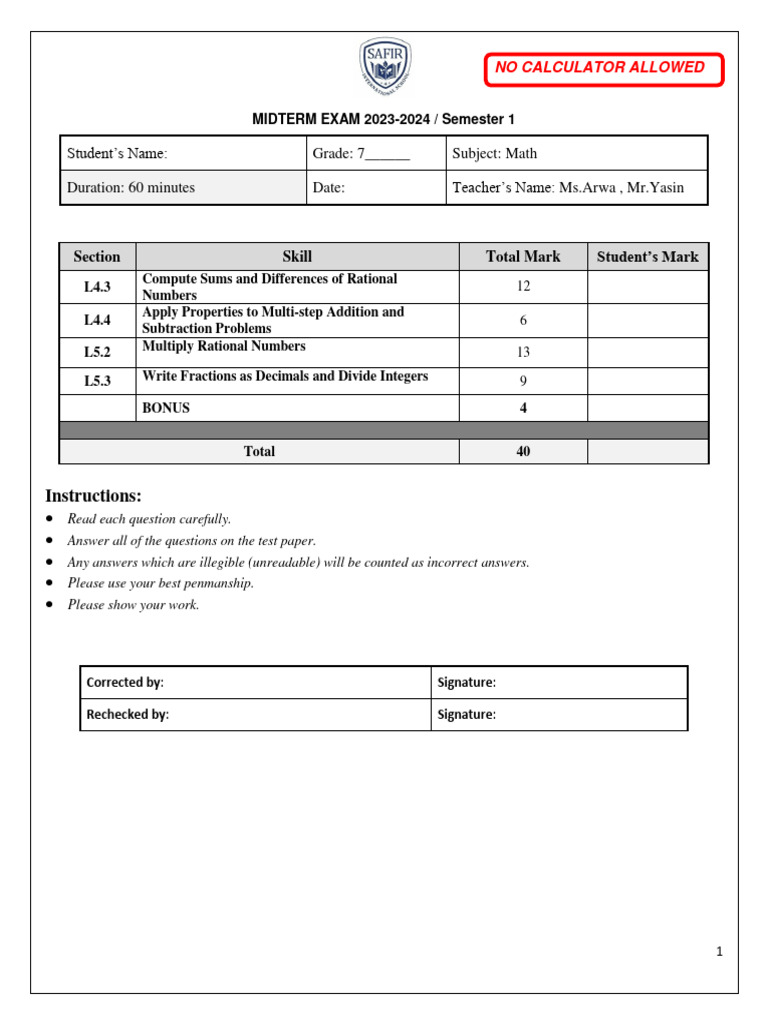 GR7 Math midterm exam | PDF | Multiplication | Decimal