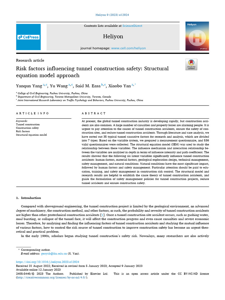 Risk Factors Influencing Tunnel Construction Safety Structural Equation