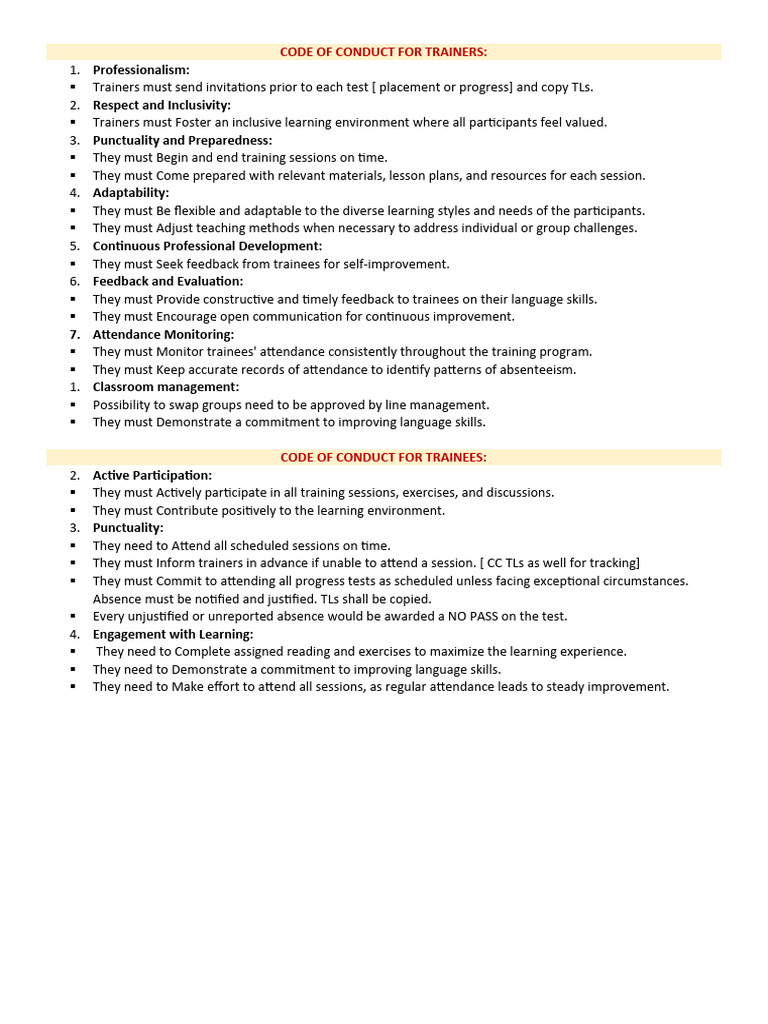 Trainers and Trainees Code of Conduct | PDF | Career & Growth