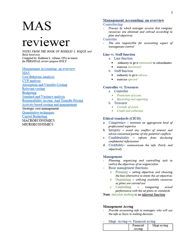 MAS Reviewer: Cost Analysis Overview | PDF | Linear Regression | Cost