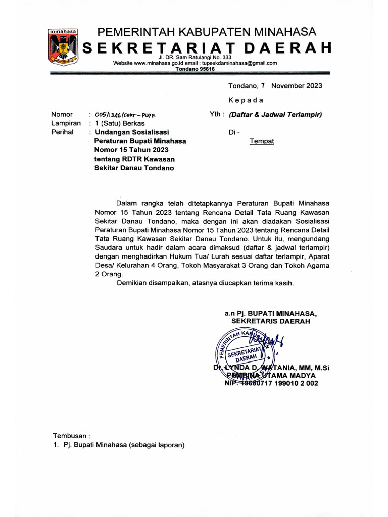 Undangan Sosialisasi RDTR Kawasan Sekitar Danau Tondano | PDF