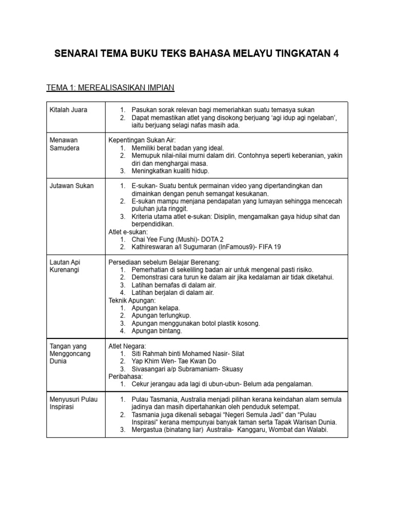 Tema Buku Teks Bahasa Melayu T4 | PDF