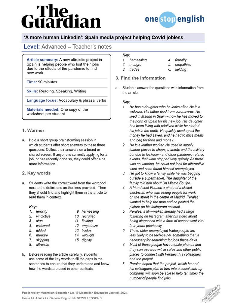 News Lessons Human Linkedin Teachers Notes Advanced 125465 | PDF ...