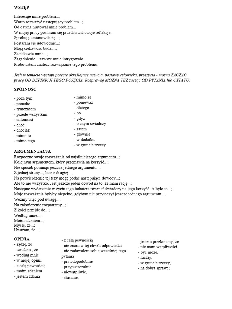 Przykładowe Zdania Do Rozprawki | PDF