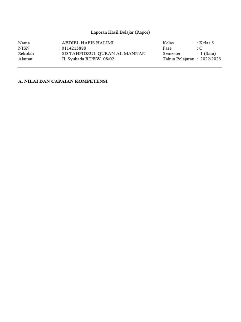 Rapor Semester 1 Kelas 5 SD Al Mannan | PDF