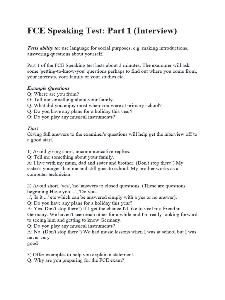 FCE Speaking Test | PDF | Question