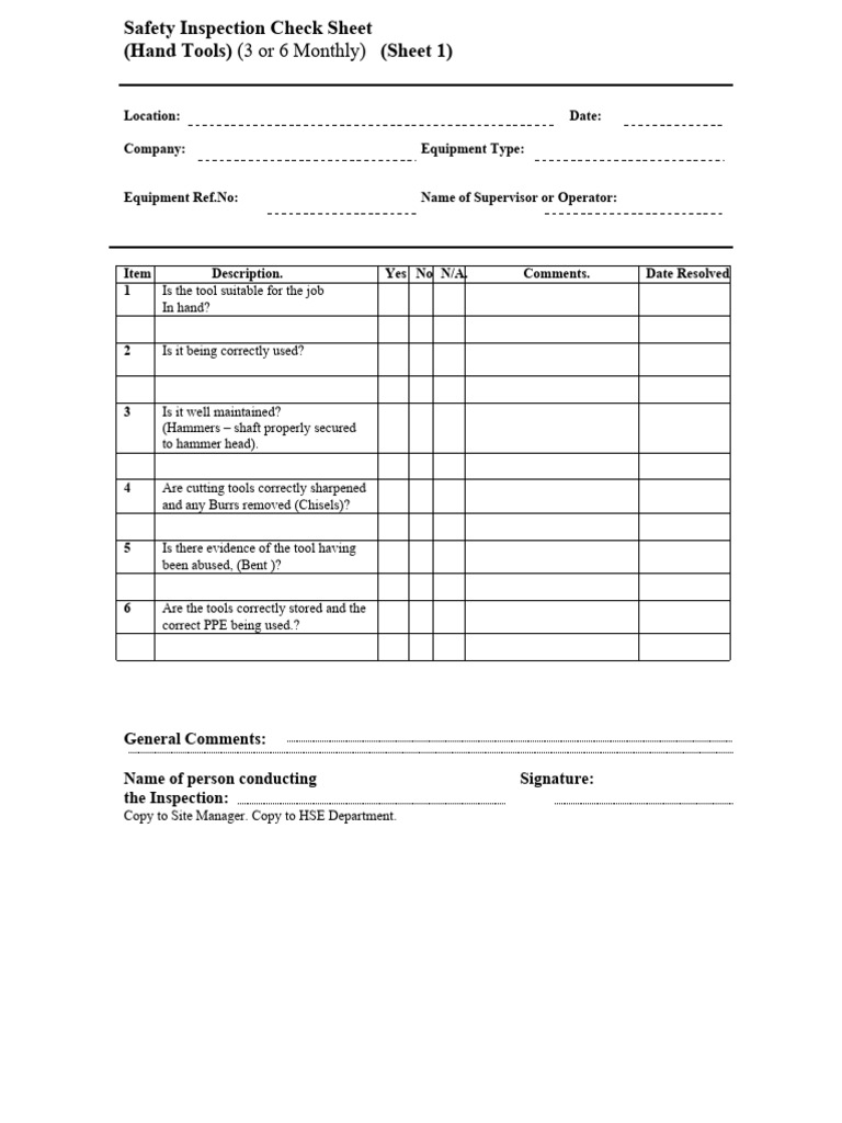 Hand Tools Safety Check Sheet PDF