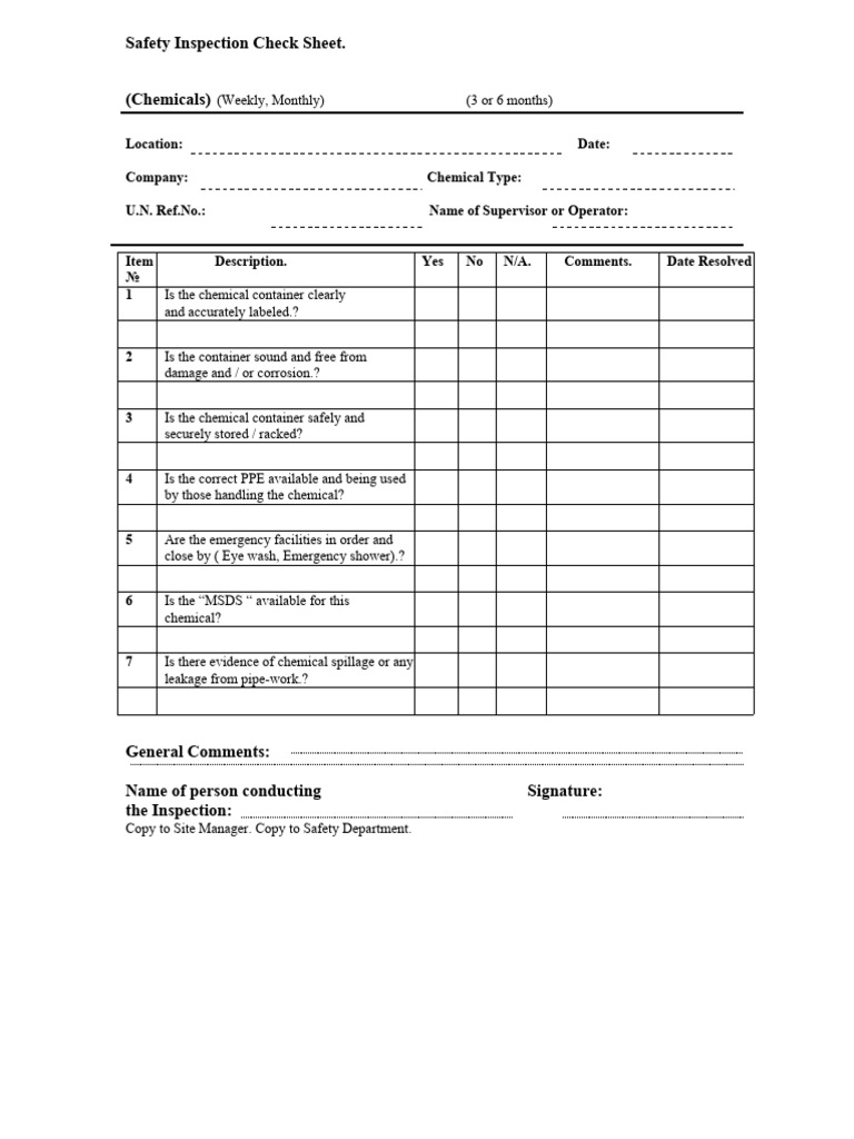 Weekly Chemical Safety Inspection Checklist | PDF