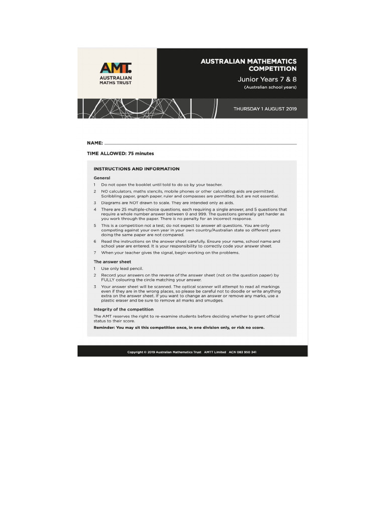 Australian Mathematics Competition AMC Past Papers 2019 PDF