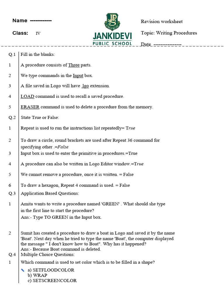 Revision Worksheet Class 4 Revision Worksheet Writing Procedures Pdf