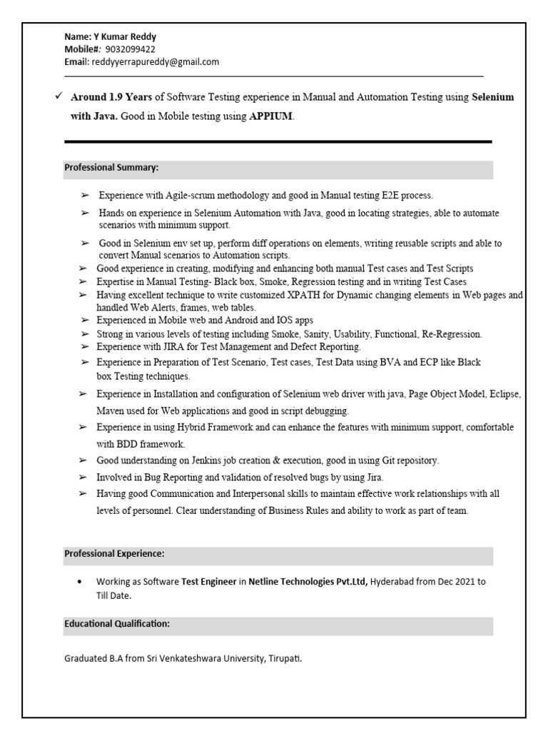 Kumar_Resume | PDF | Software Testing | Selenium (Software)