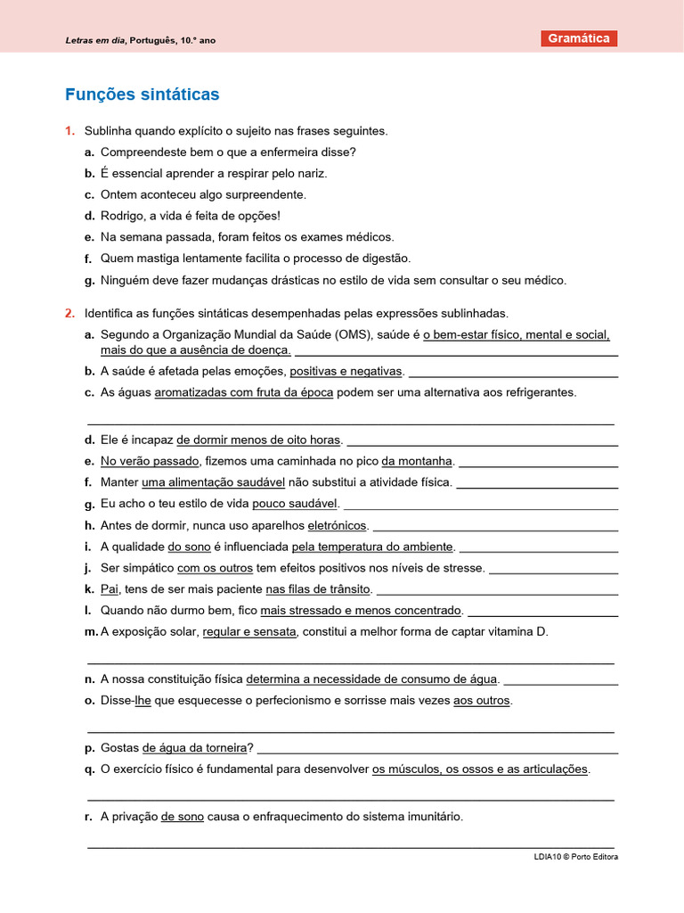 Exercícios Funções Sintáticas 2 Pdf