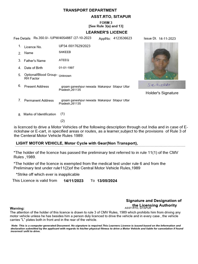 Learner's Licence Details | PDF | Vehicles | Driving