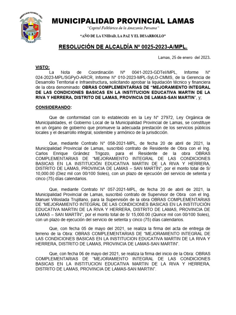 Res aprob liquidacion de obras complementarias mryh pdf