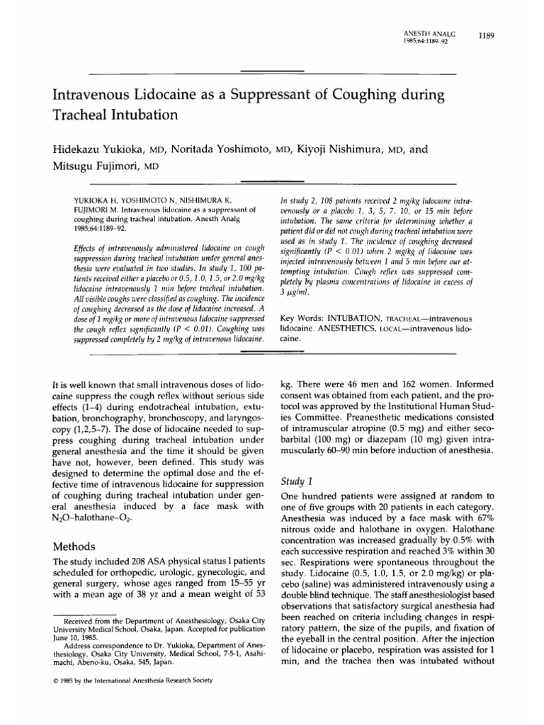Intravenous Lidocaine As A Suppressant of Coughing During Tracheal