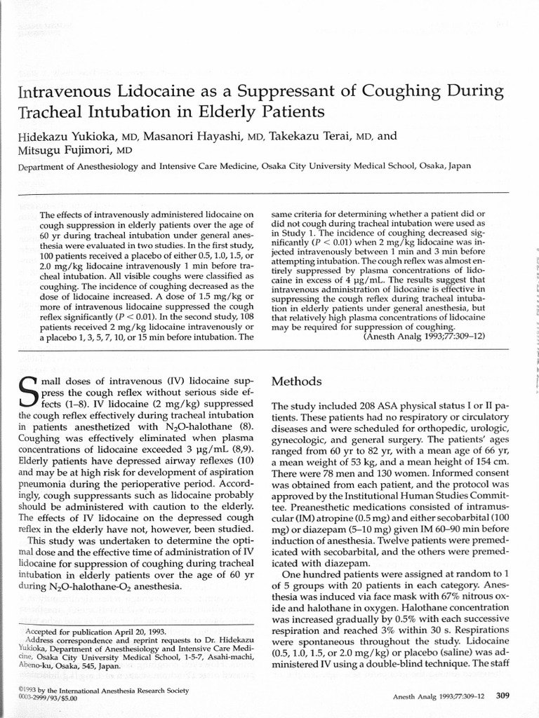 I.V. Lidocaine As A Suppressant of Coughing During Tracheal Intubation