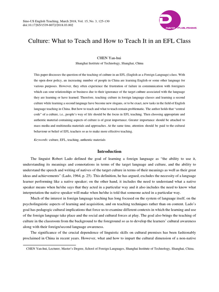 Culture: What To Teach and How To Teach It in An EFL Class | PDF ...