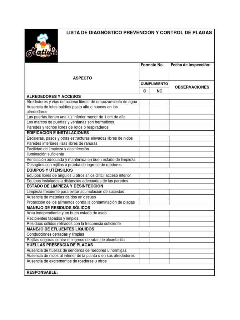 Formato - Lista de Chequeo - Diagnòstico Prevenciòn y Control de Plagas ...