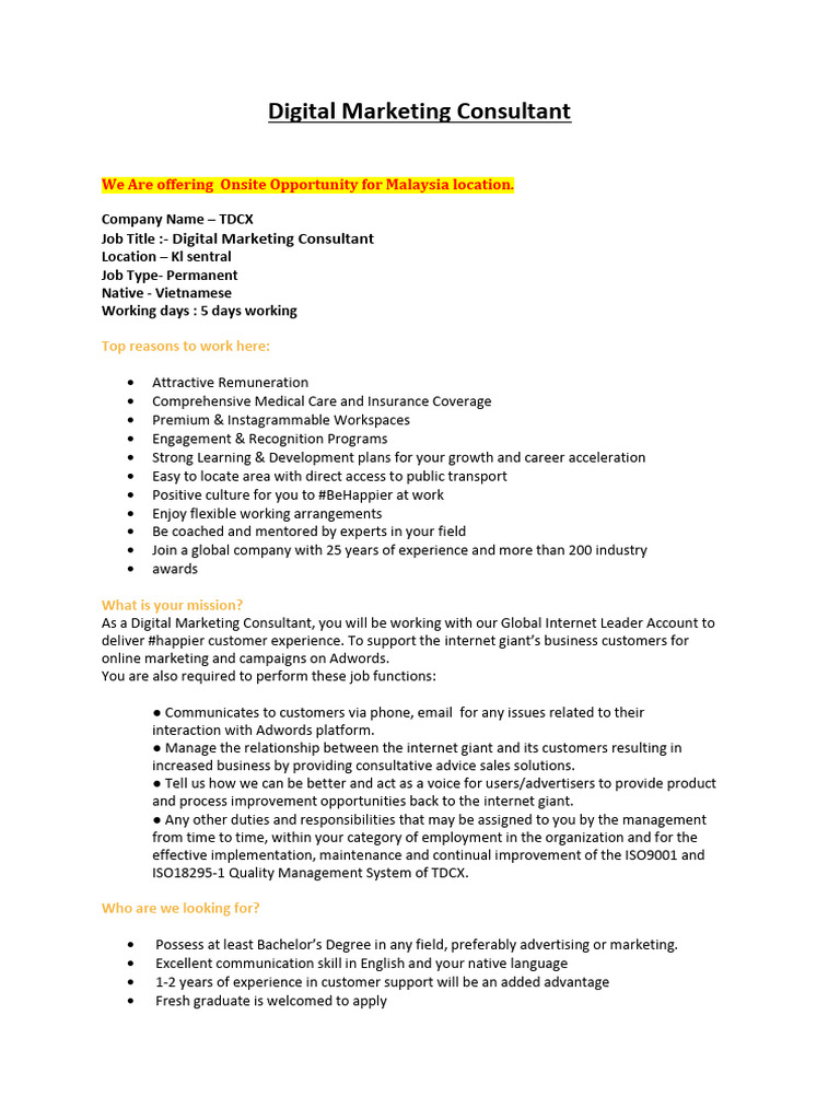Digital Marketing Consultant - TDCX | PDF | Digital Marketing | Internet