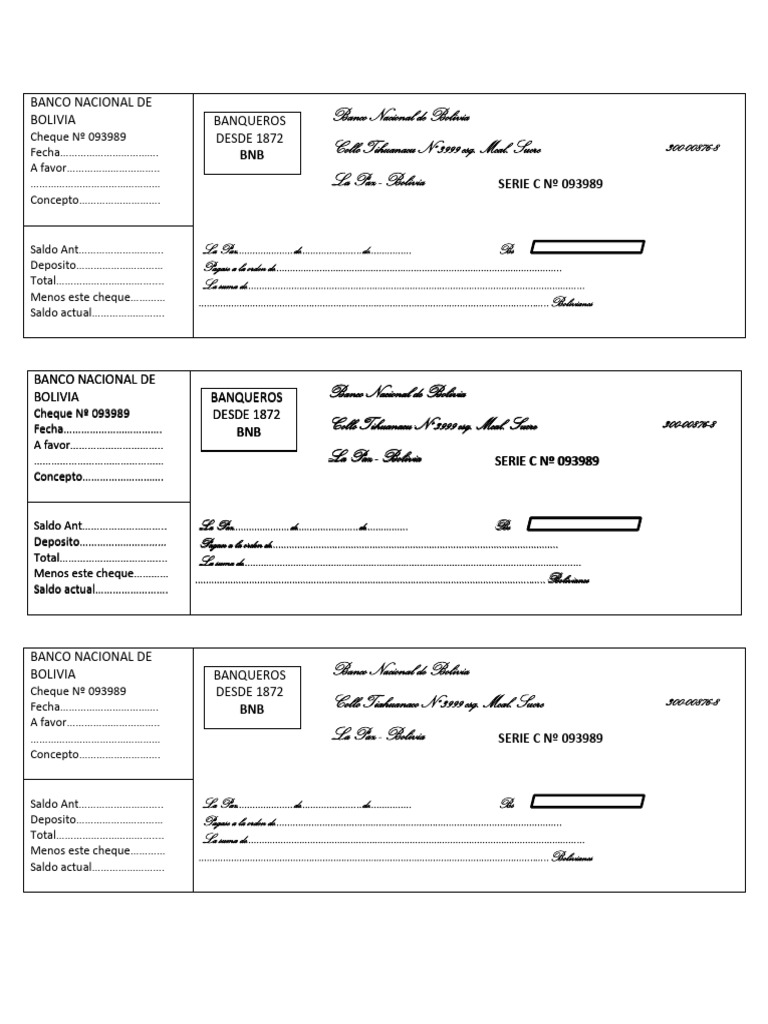 Cheque en Blanco del BNB para Llenar | PDF