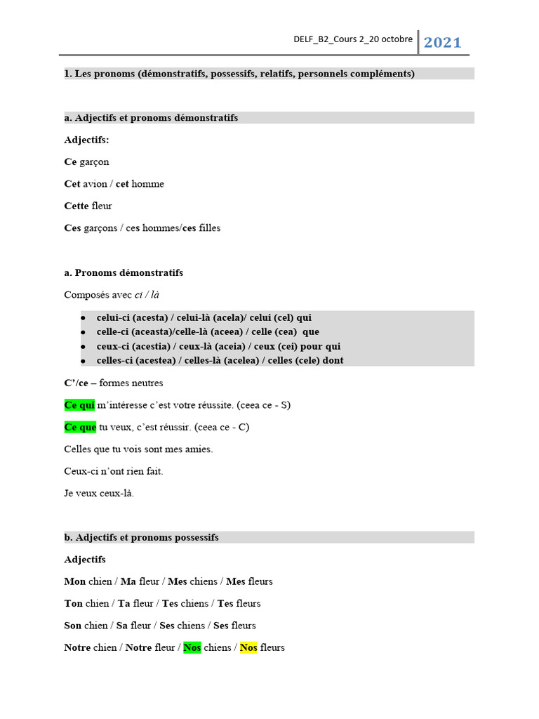 Pronoms et concordance des temps DELF B2 | PDF | Pronom | Linguistique