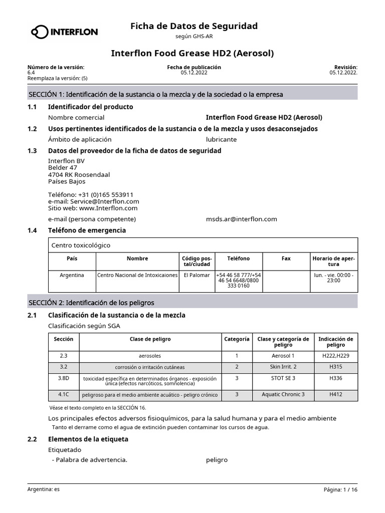 9174 SDS AR Es Interflon Food Grease HD2 Aerosol PDF Combustión