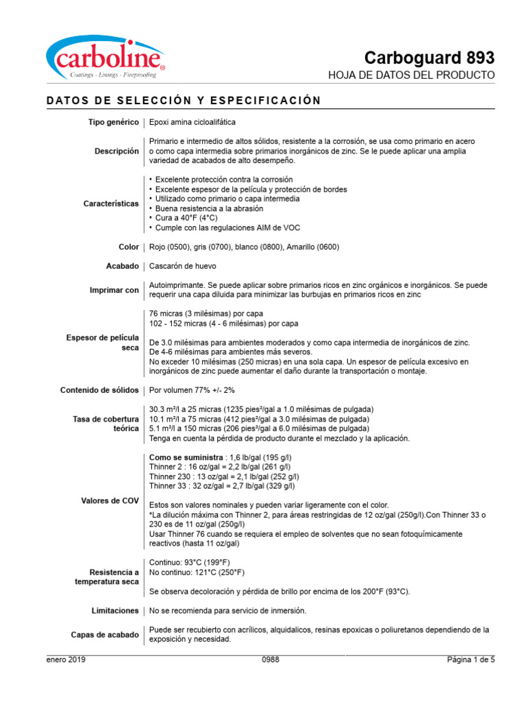 Hoja de Datos de Carboguard 893 | PDF | Zinc | Solvente