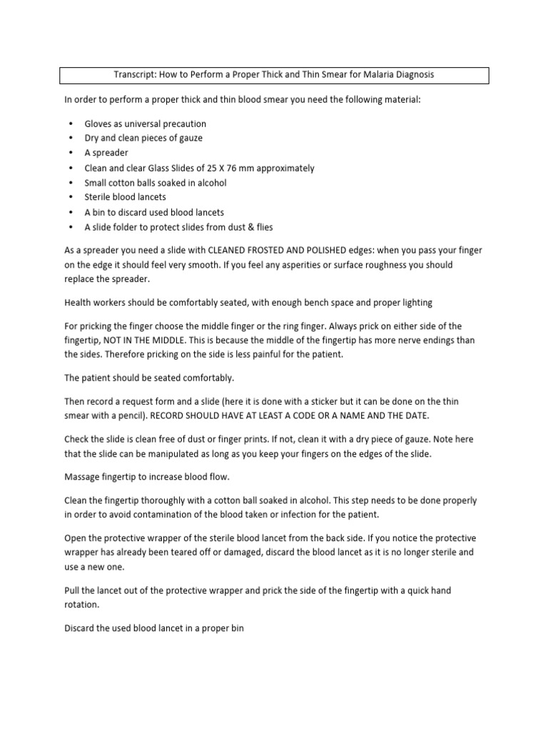 Transcript how to perform a proper thick and thin smear for malaria