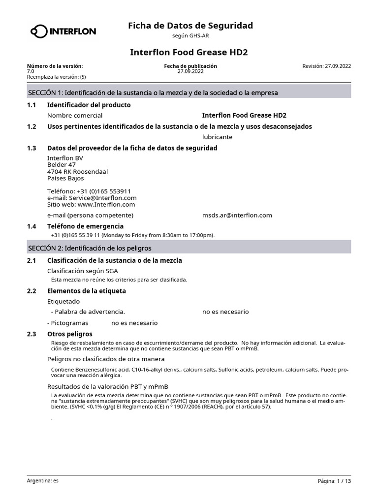 9151 SDS AR Es Interflon Food Grease HD2 PDF Residuos Toxicidad