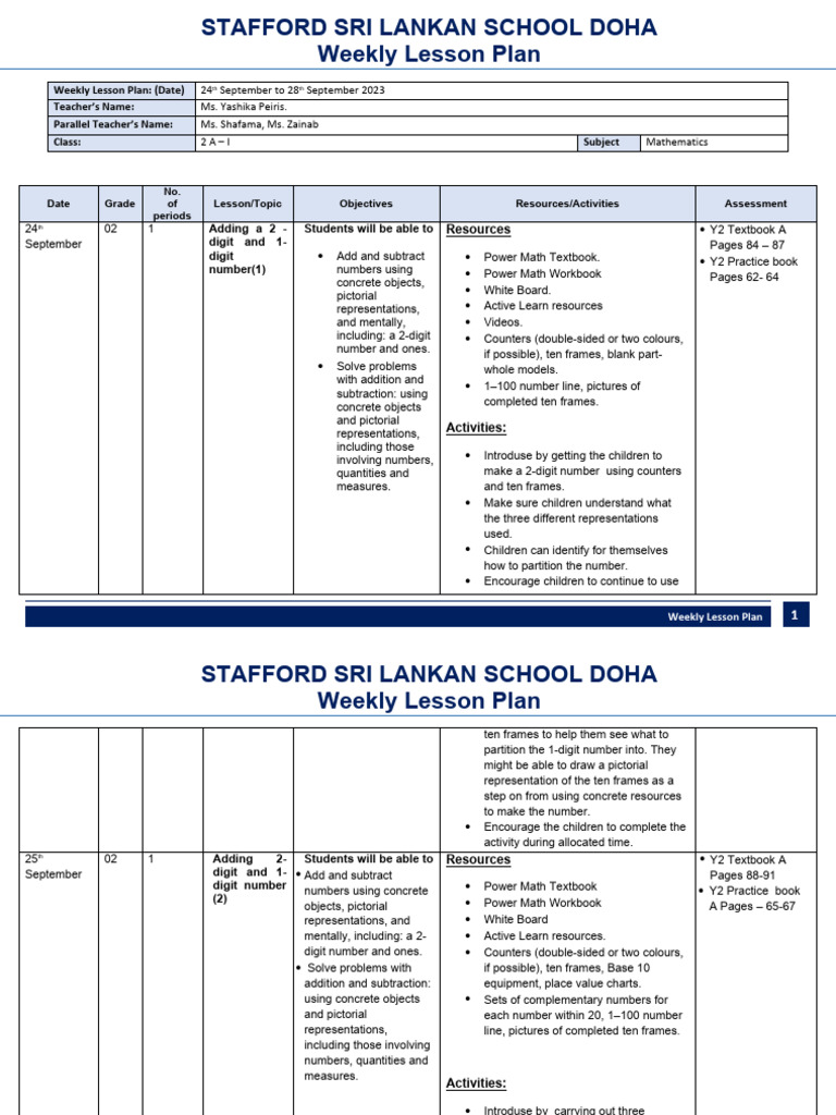 Weekly Math Lesson Plan for Grade 2 | PDF | Mathematics | Subtraction