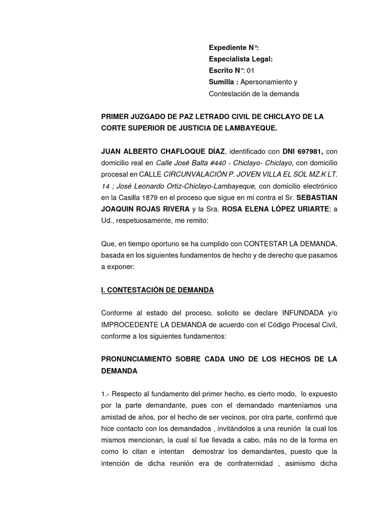 Contestación de Demanda Civil en Chiclayo | PDF | Pagos | Demanda judicial