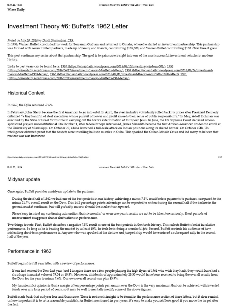 Investment Theory #6 - Buffett's 1962 Letter - Wiser Daily | PDF ...