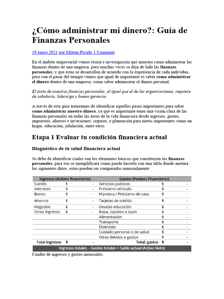 Guía para Administrar tu Dinero Personal | PDF | Finanzas personales ...