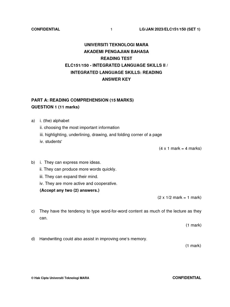 ELC151 Reading Test Answer Key | PDF | Human Communication | Learning
