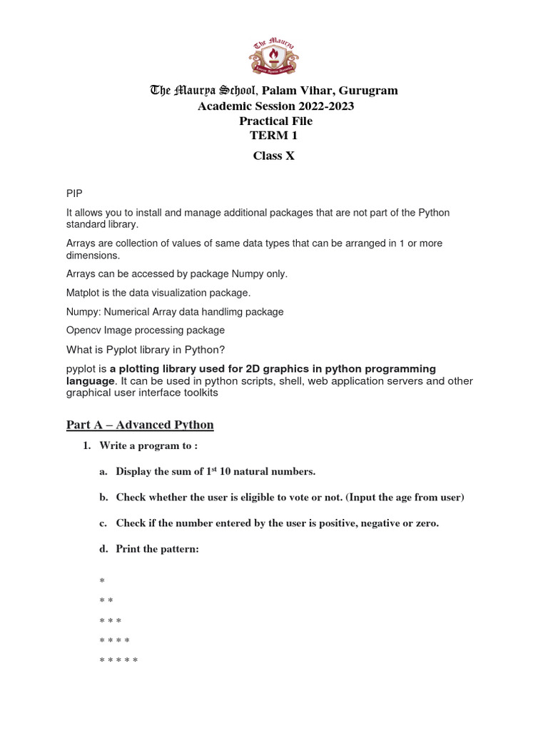 Practical Final Class 10 AI Term 1 Answer Key | PDF | Python ...