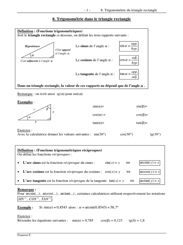 08 Trigonométrie (Triangle Réctangle) | PDF | Fonction trigonométrique ...