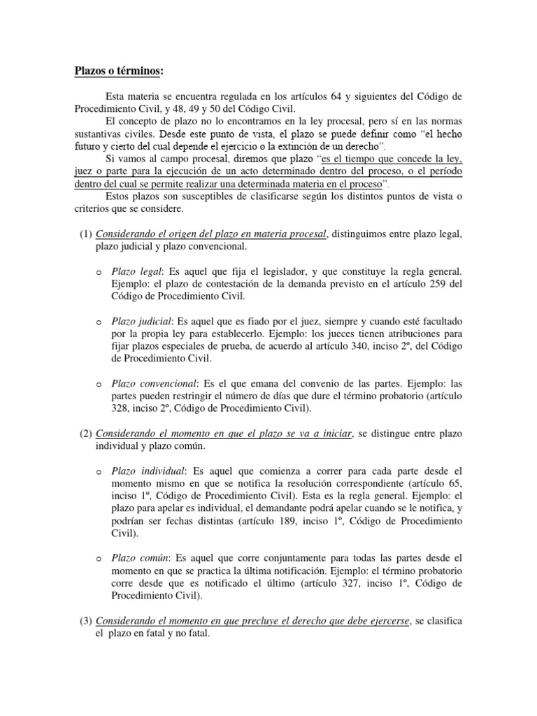 Clasificación de Plazos Procesales | PDF | Procedimiento Civil | Ley ...