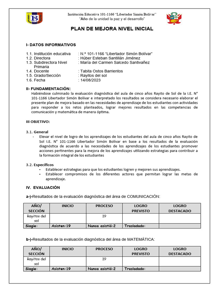 Plan de Mejora de Inicio - Inicial 5 años-TABITA 2023 | PDF ...