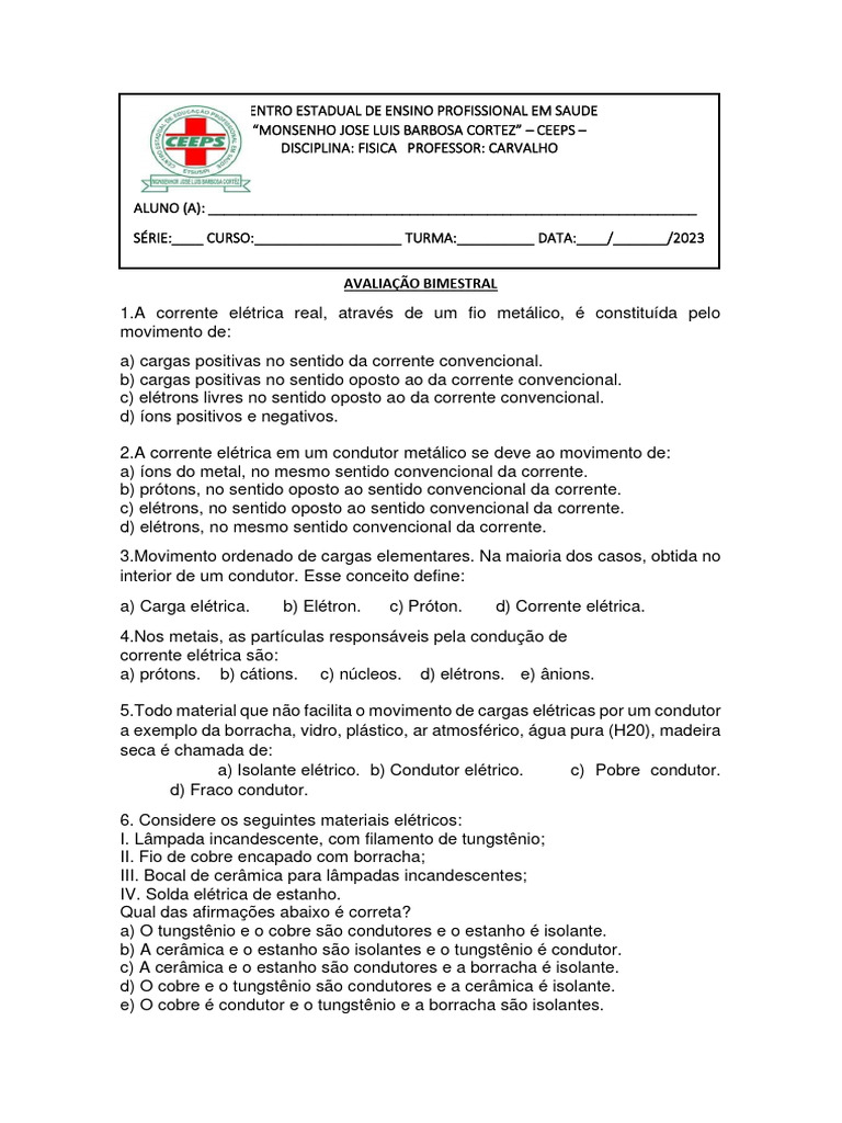 Questões sobre Corrente Elétrica | PDF | Corrente elétrica | Eletricidade