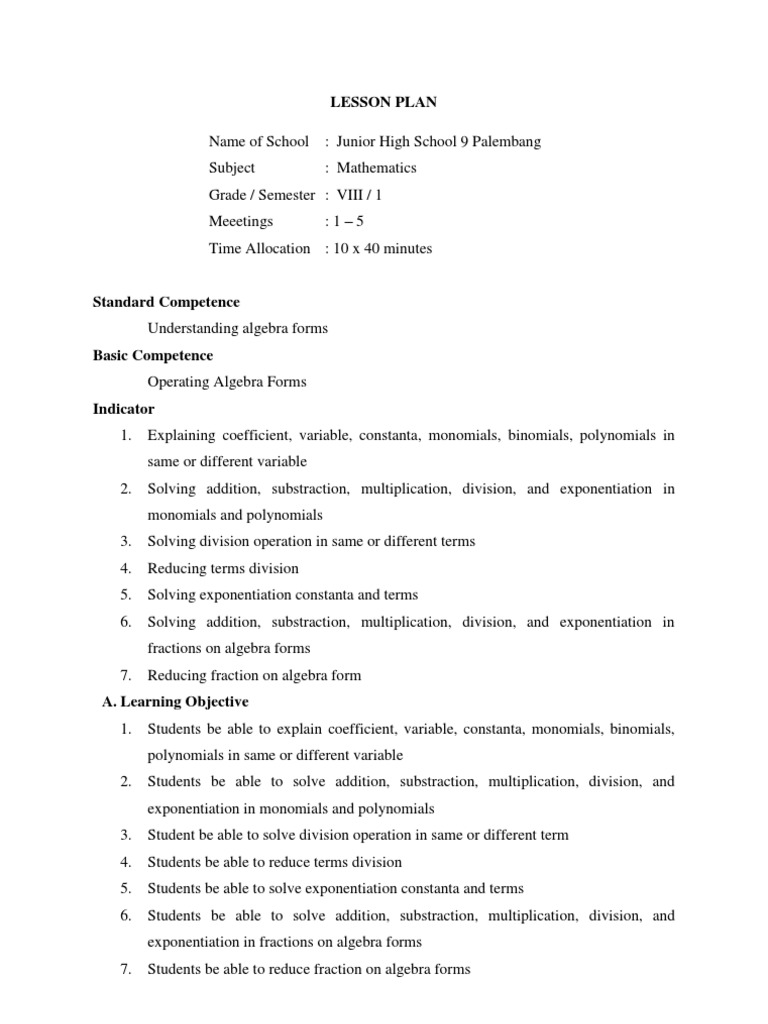 Lesson Plan Full | Equations | System Of Linear Equations