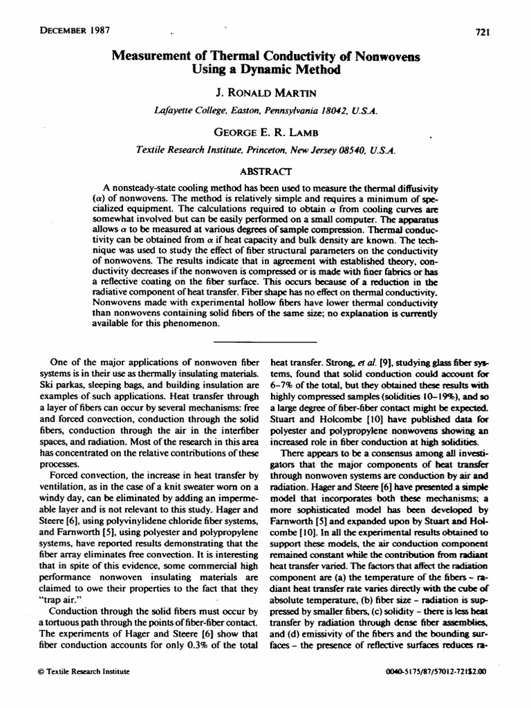 Measurement of Thermal Conductivity of Nonwovens Using A Dynamic Method ...